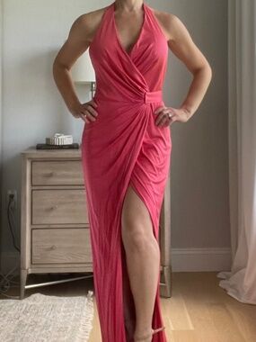 Olcay Gulsen Grapefruit Pink Halter Ruched Gown XS | Side Slit Formal Dress